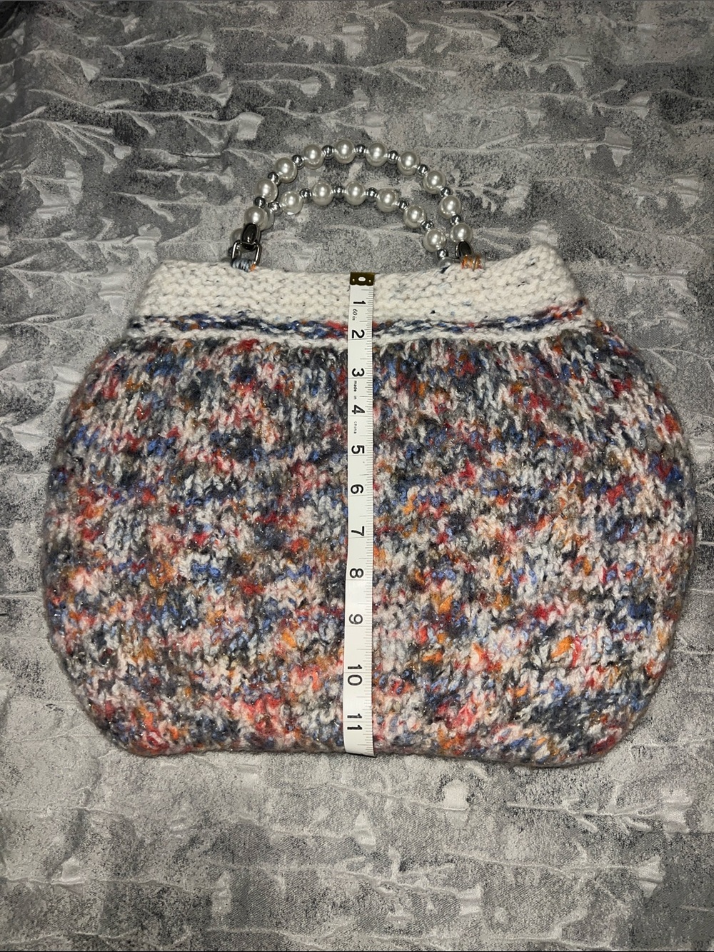 Knitted Multicolor Handbag with Faux Pearl and Silver Beaded Handle - Picture 12 of 12
